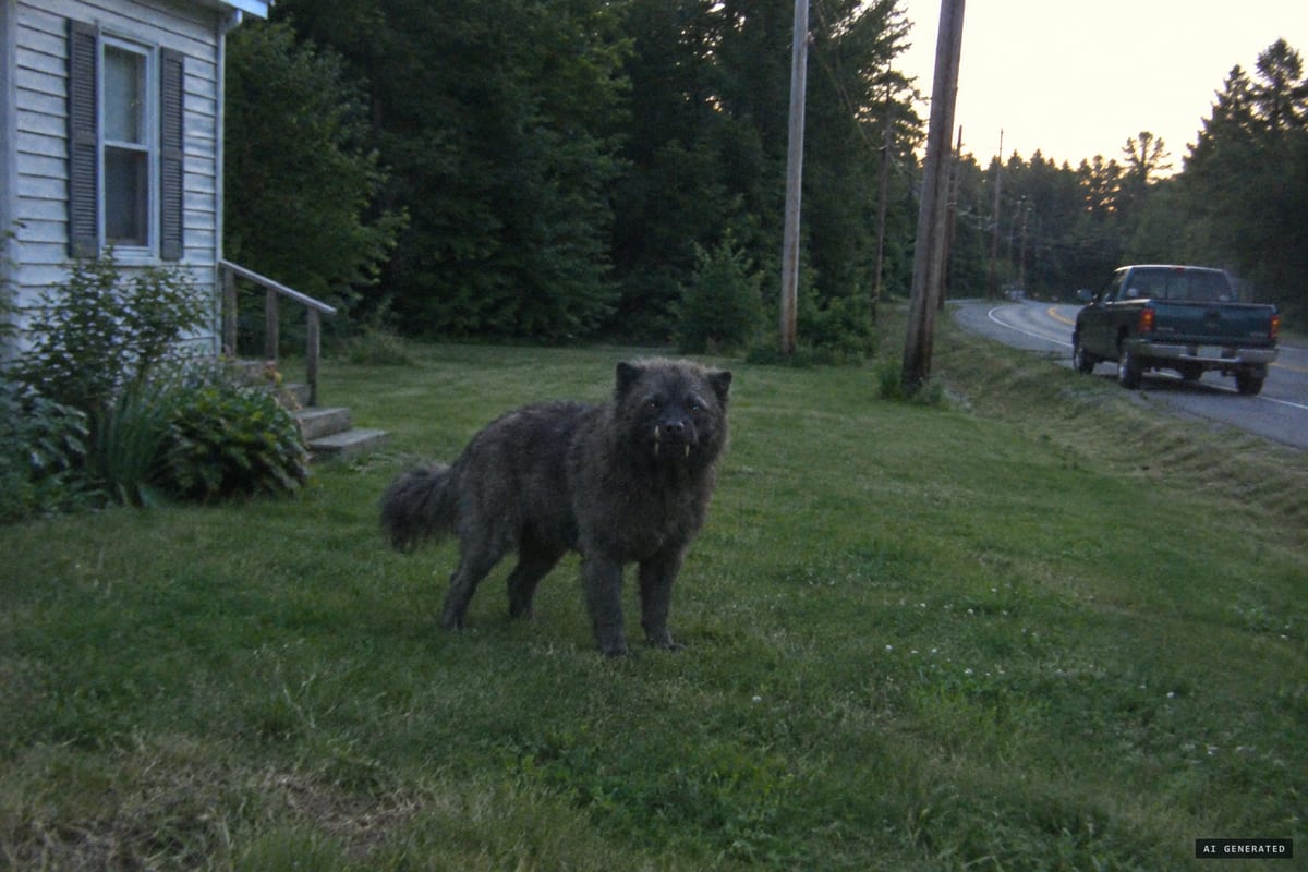 Turner, Maine, August 2006: a dark grey, short-snouted animal with curled fangs and a bushy tail stares down Michelle O'Donnell near her yard on Route 4 moments before running off.