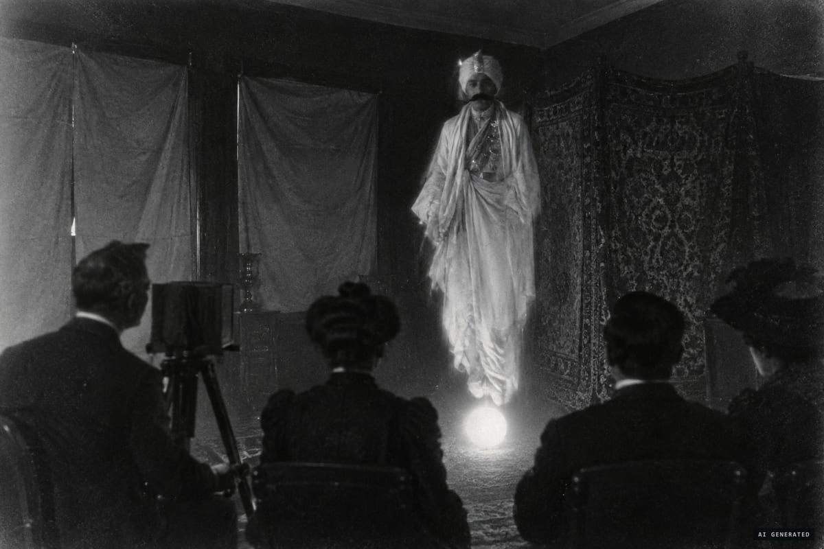Algiers, 1905: sitters at the Villa Carmen reported a helmeted, turbaned figure called Bien Boa rising from a luminous ball beside the séance cabinet.