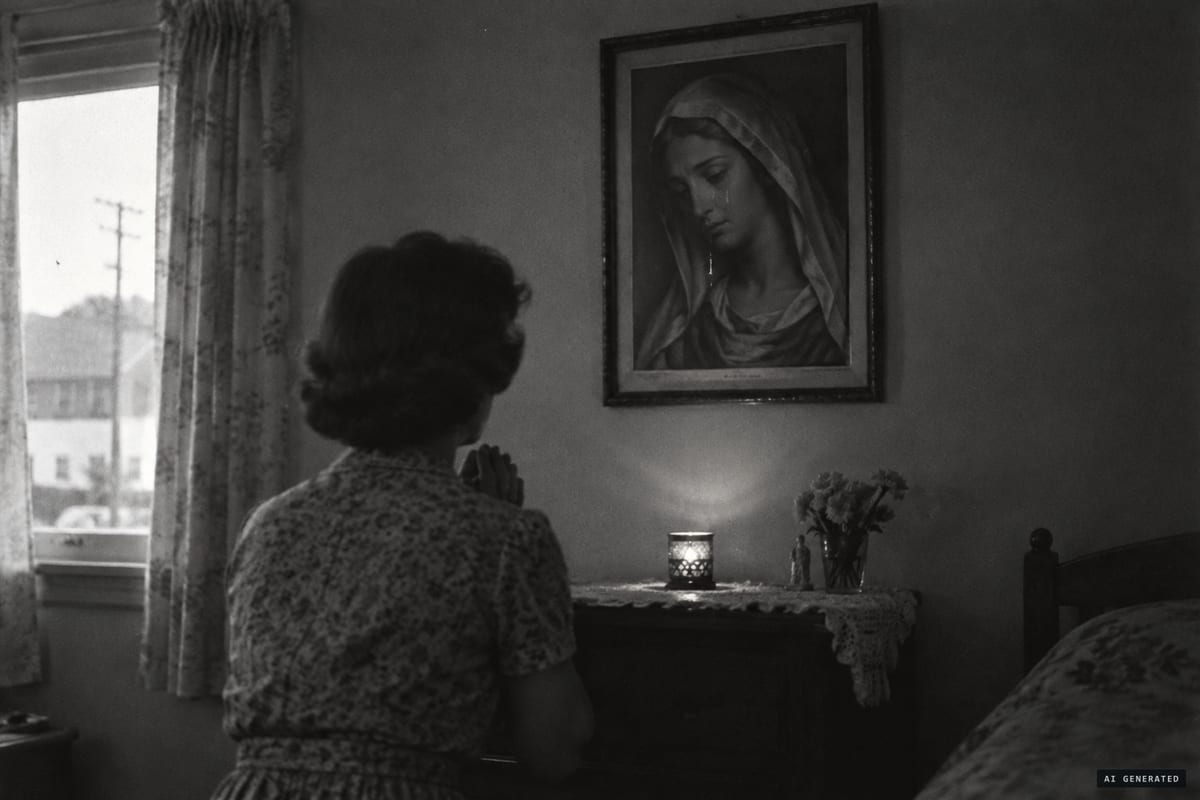 Island Park, Long Island, March 16, 1960: Pagona Catsounis reported seeing a tear well up and emerge from the eye of her paper print of the Lamenting Mother of God as she prayed.