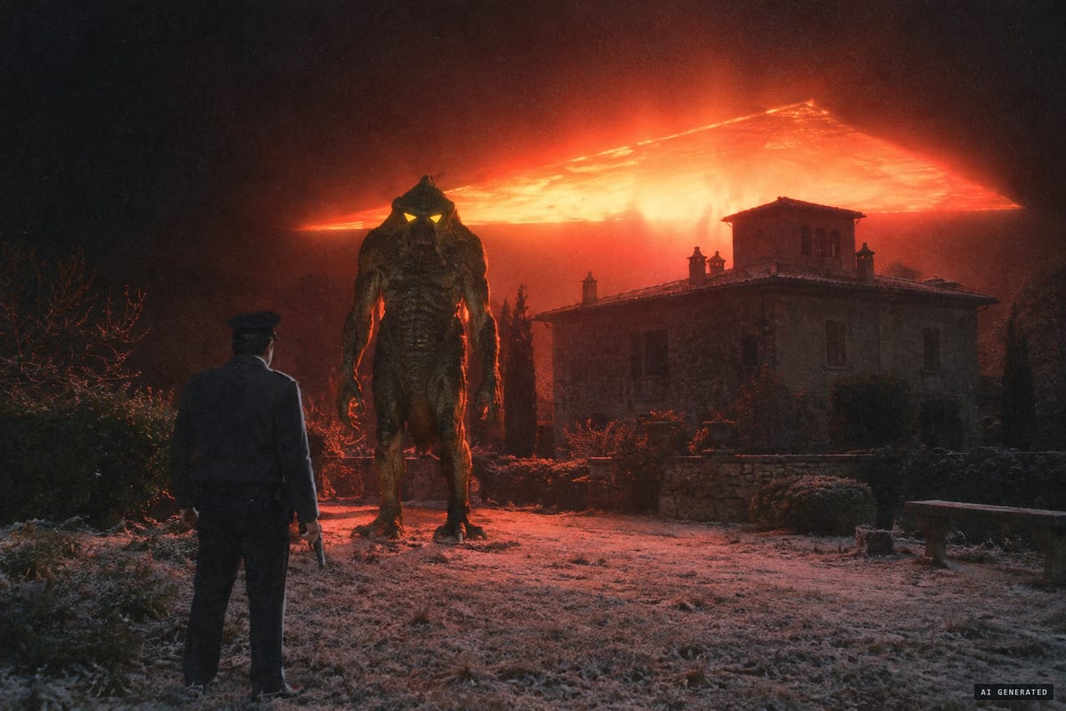Marzano di Torriglia, Italy, 6 December 1978: night watchman Pier Fortunato Zanfretta reported meeting a 3-metre being with yellow triangular eyes beside a huge, hissing, heat-radiating light behind the villa "Casa Nostra".