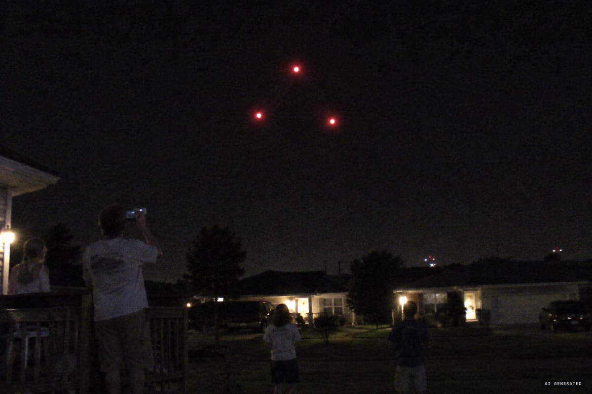 Tinley Park, Illinois, August 21, 2004: residents watch three silent red lights hover in a triangle over their rooftops for up to half an hour.