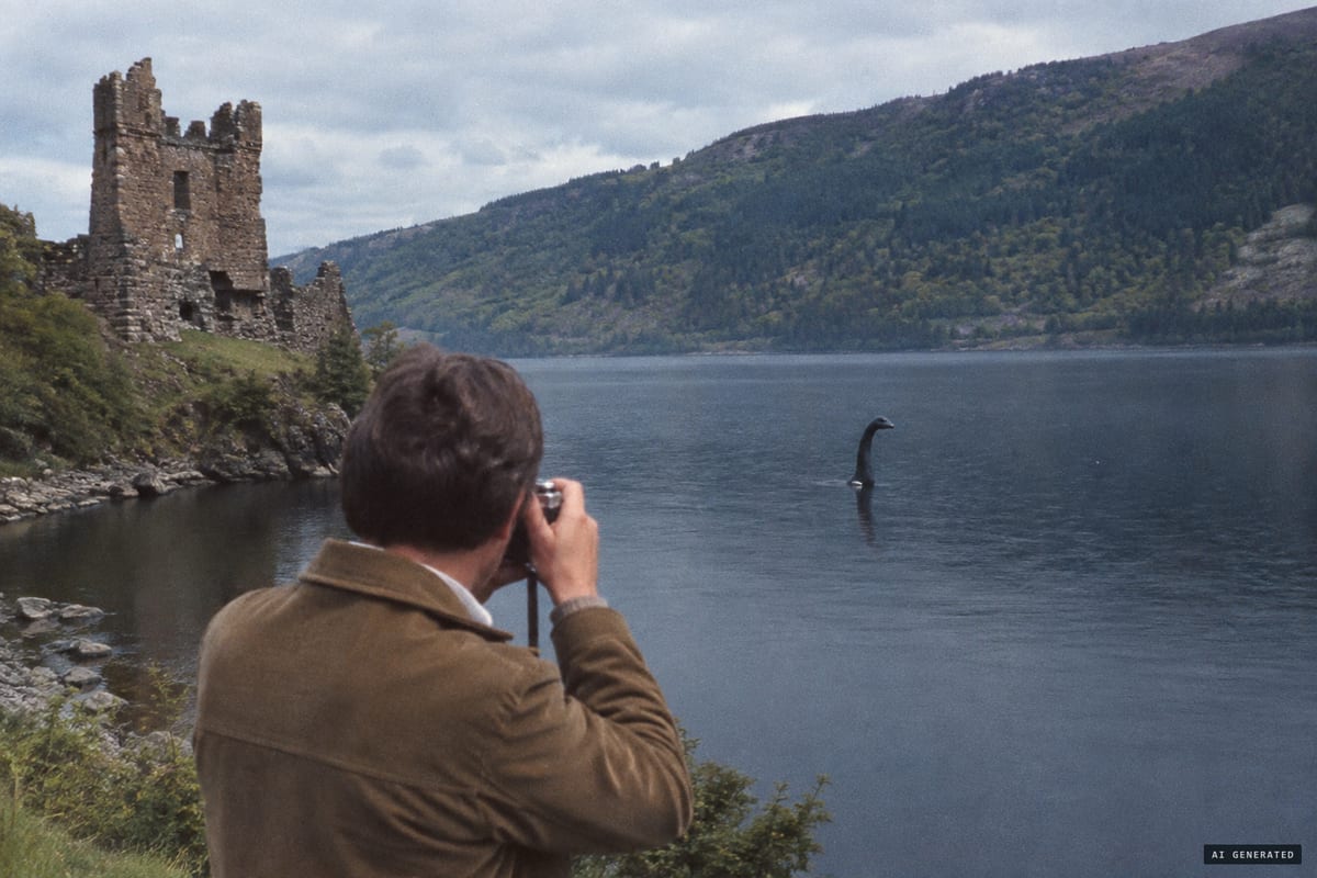 Loch Ness, 21 May 1977: Doc Shiels photographs a glossy head and neck, with a white spot at its base, rising about 1.5 m from the water below Urquhart Castle for 4 to 6 seconds.