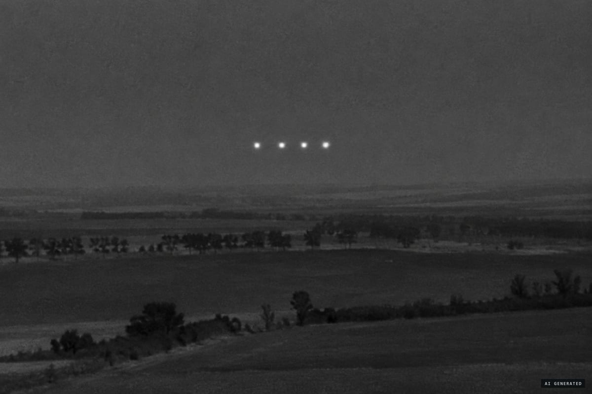 March 2024, Ukrainian war zone: a Mavic 3T drone's thermal camera records four spheres, estimated at 1.3 to 2.7 m across, flying in stable formation 50 to 100 m above the ground.