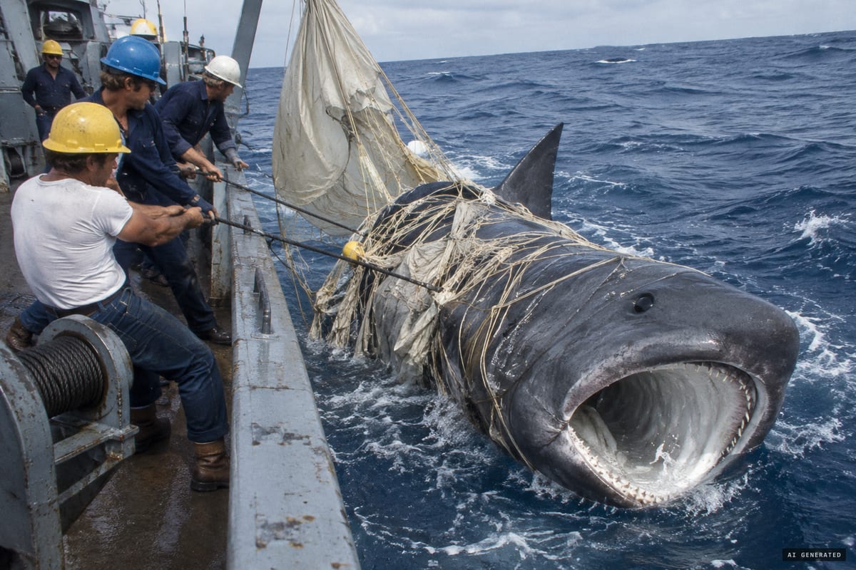 15 November 1976, off Oʻahu: the crew of US Navy vessel AFB-14 haul up a sea anchor and find an unknown 4.46 m shark with a 3 ft silver-lined mouth tangled inside, later named megamouth.