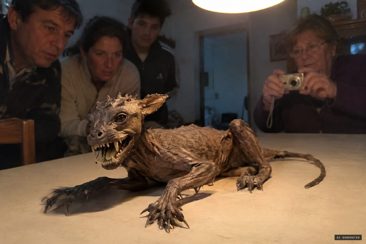 Rosario, Argentina, September 2013: the mummified creature found near Vera, with long fangs and leaf-shaped ears, shown to neighbours as a possible chupacabras before a museum taxidermist identified it as a cat.