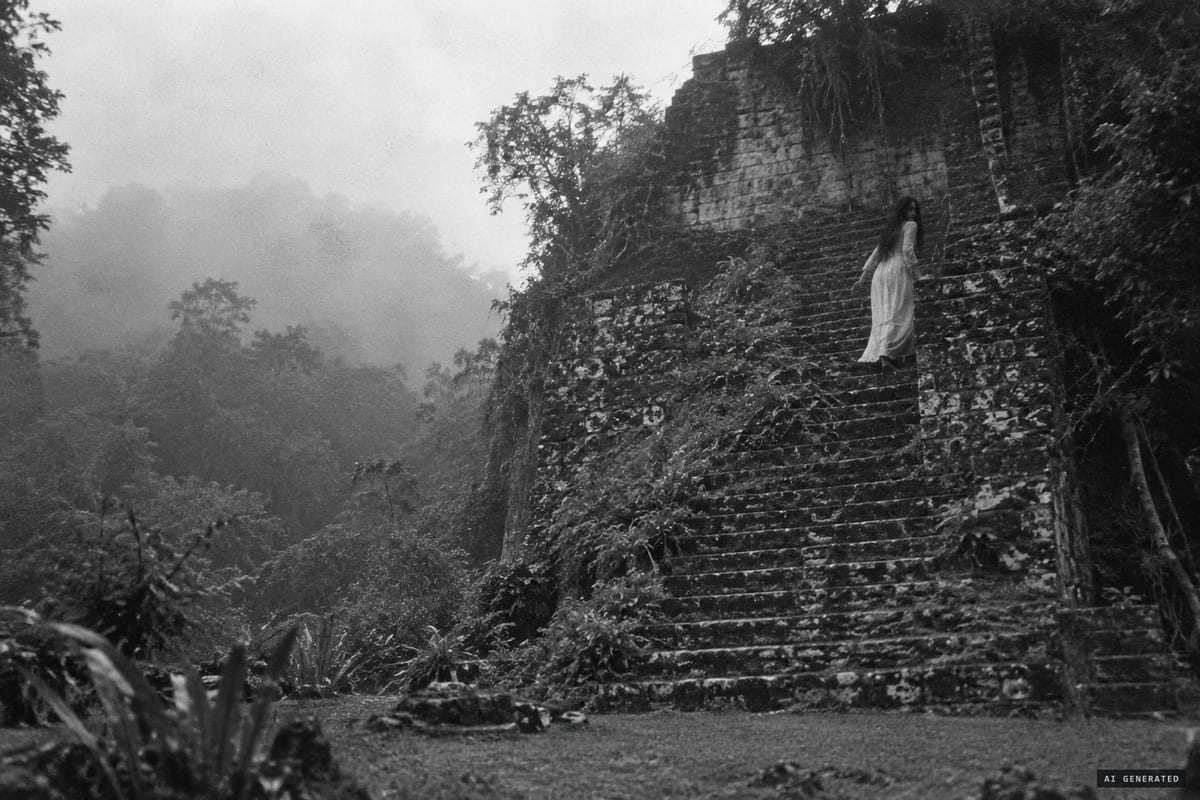 1893, ruins above the Mopan River, British Honduras: a woman in white with glowing red eyes is reported ascending the stairs of El Castillo before disappearing into the stone.