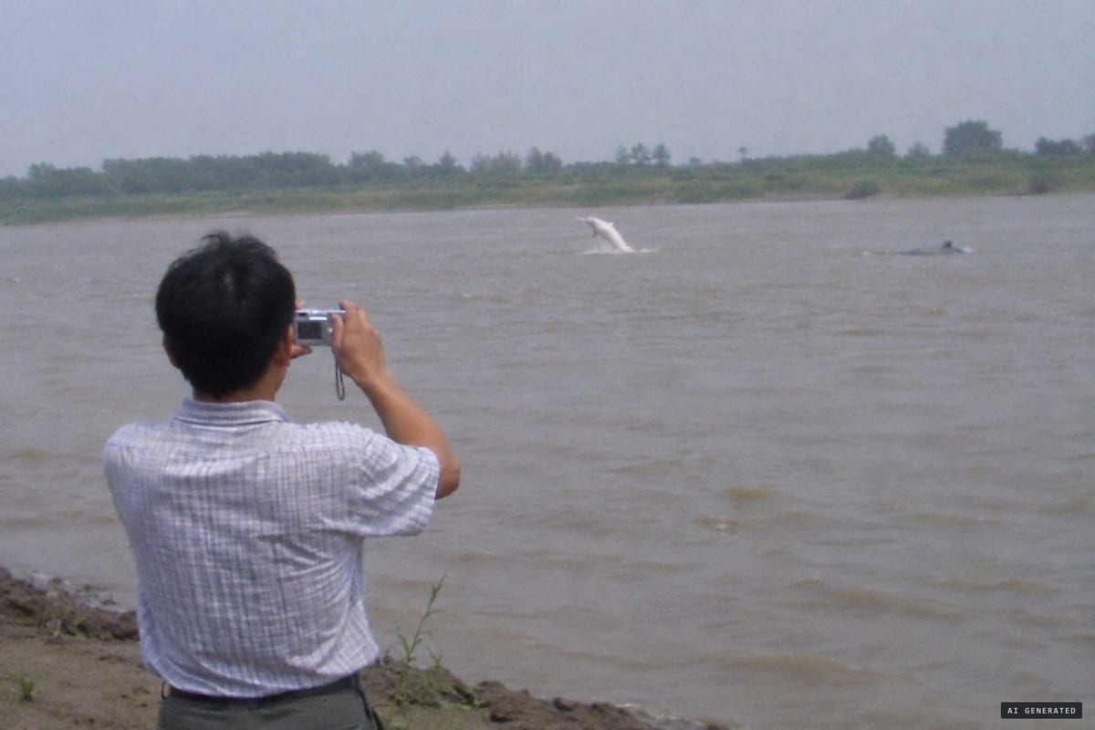 Xuba ferry, near Tongling, 19 August 2007: a big white animal, presumed to be a baiji, jumps from the Yangtze about 1,000 metres from the bank as Zeng Yujiang films it.