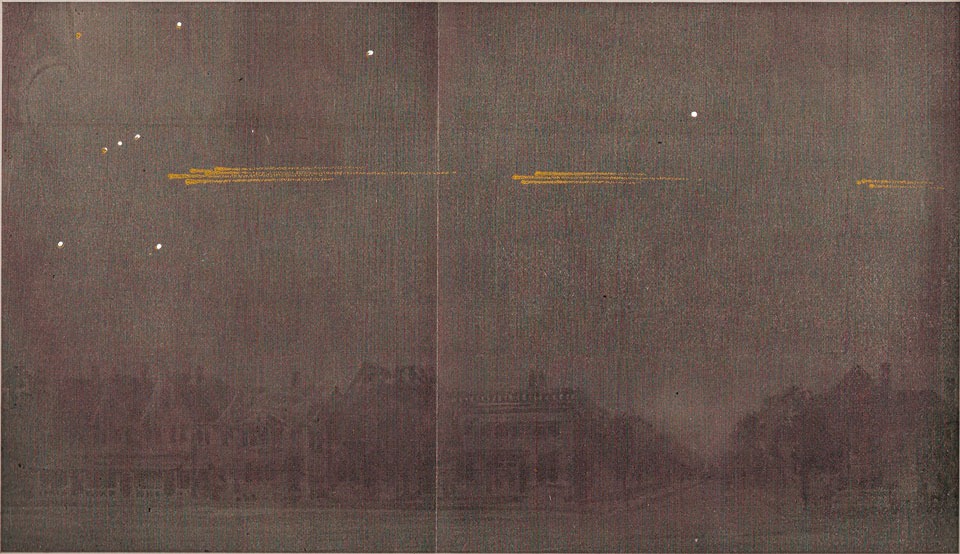 Hand-tinted plate from Chant's 1913 JRASC paper; stars and meteors were added by hand
