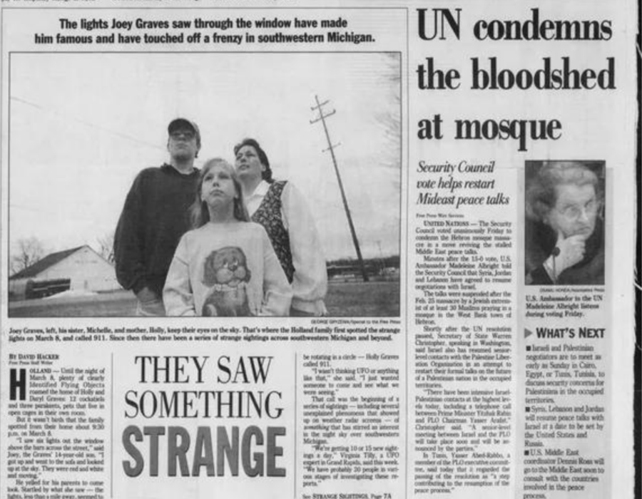 Detroit Free Press front page from March 1994 reporting the West Michigan sightings