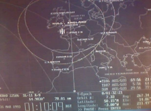 Still from Gary Anthony's computer simulation of the Russian rocket body, about 01:10 BST, 31 March 1993