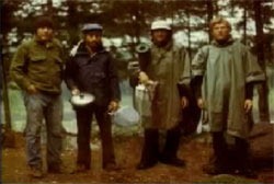 The four witnesses, Jack Weiner, Jim Weiner, Chuck Rak and Charlie Foltz, in the Allagash wilderness during the 1994 Unsolved Mysteries shoot