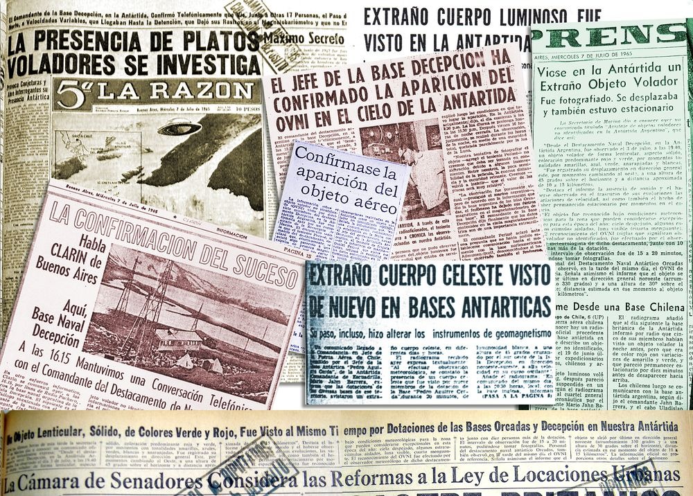1965 newspaper front pages reporting the Antarctic sightings