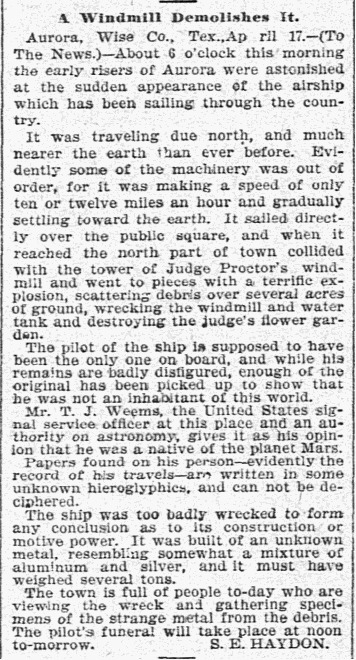 S. E. Haydon's article "A Windmill Demolishes It," The Dallas Morning News, April 19, 1897, page 5.