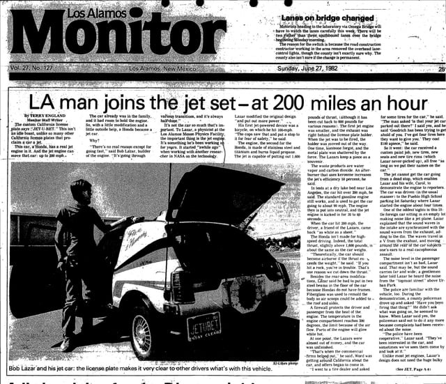 Los Alamos Monitor front page, 27 June 1982, profiling Lazar's jet-powered car