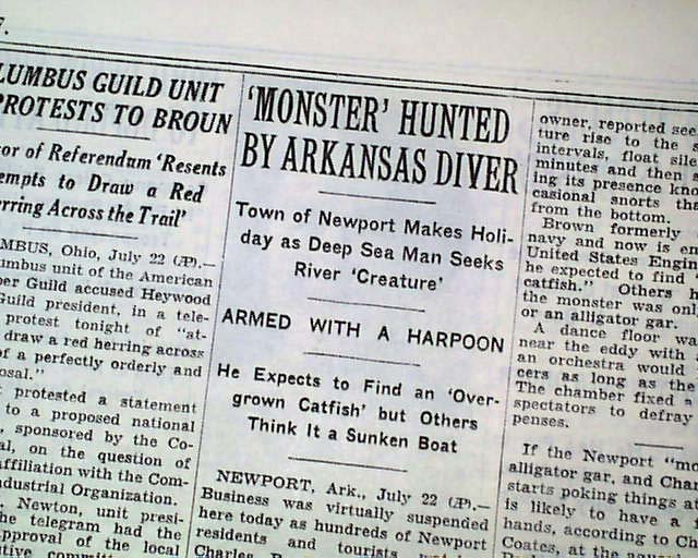 The New York Times, July 23, 1937: "'MONSTER' HUNTED BY ARKANSAS DIVER"