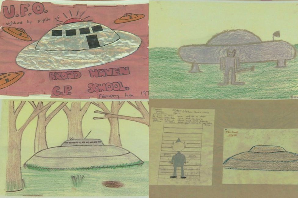 Pupil drawings taken from Broad Haven School's 1977 UFO scrapbook