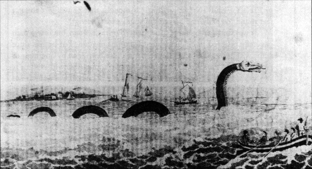 The first American sea serpent, reported from Cape Ann, Massachusetts, in 1639. An artist's depiction.