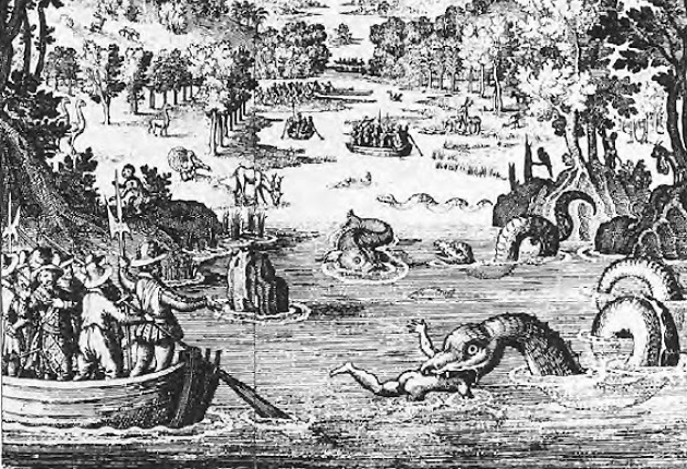 Engraving of settlers and a multi-humped sea serpent. Period illustration, not a depiction of the Cape Ann account.