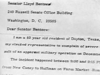 Betty Cash's letter to Senator Lloyd Bentsen.