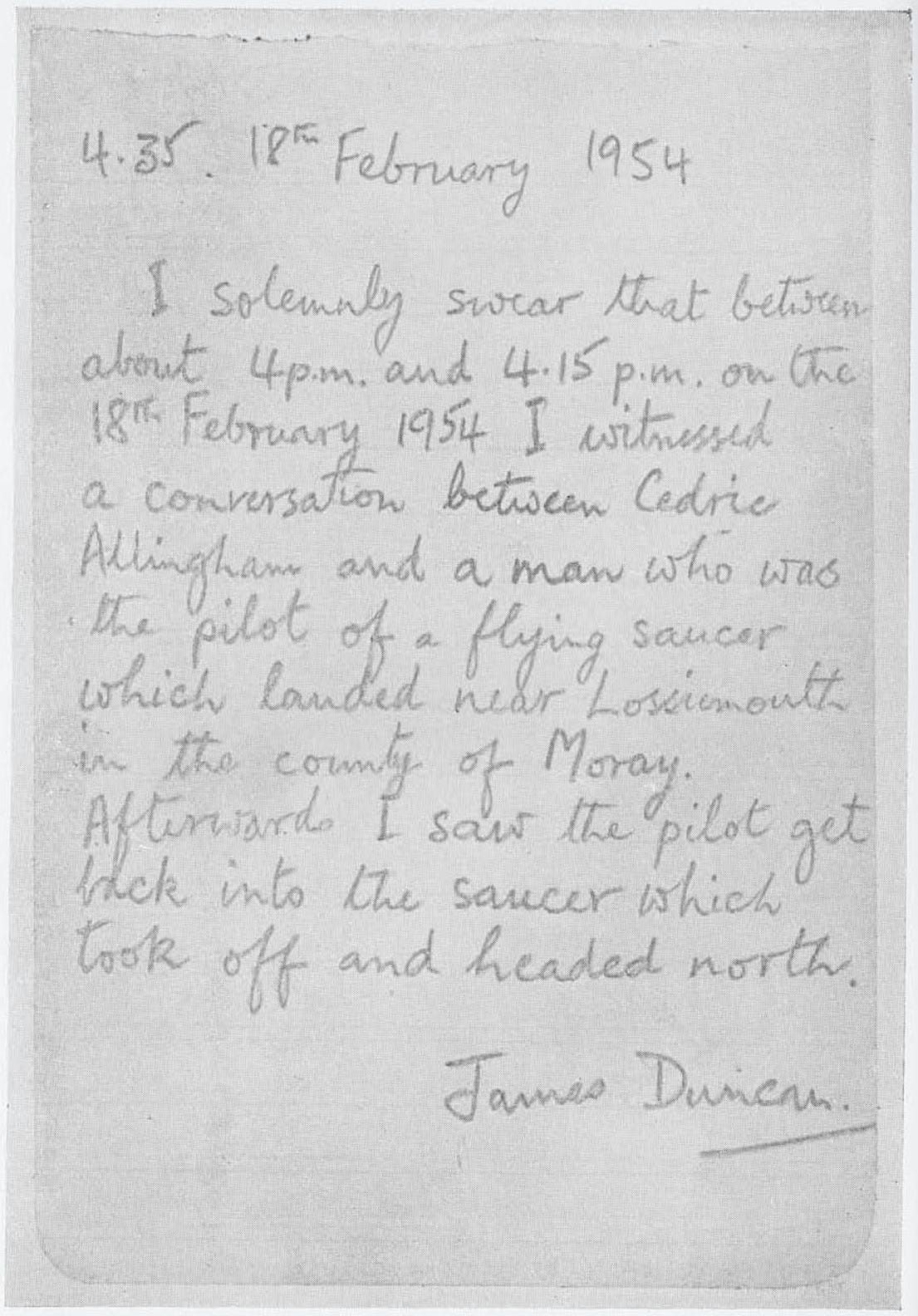 Facsimile of James Duncan's signed statement, printed in the book