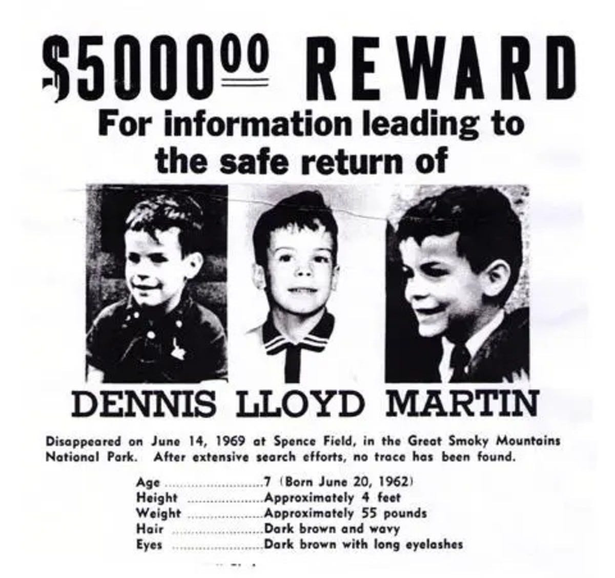 Reward poster for information leading to the safe return of Dennis Lloyd Martin