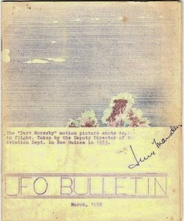 March 1958 UFOIC UFO Bulletin cover, art by Andrew Tomas based on the film frames