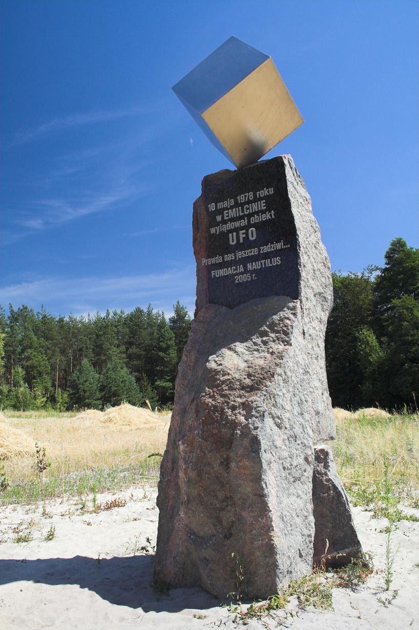 The Emilcin UFO memorial, a metal cube balanced on one corner, unveiled at the clearing on 15 October 2005.