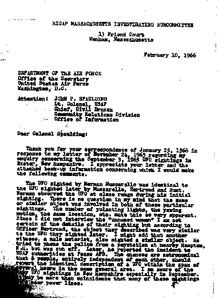 Letter from Raymond Fowler to the Secretary of the Air Force, 10 February 1966, page 1