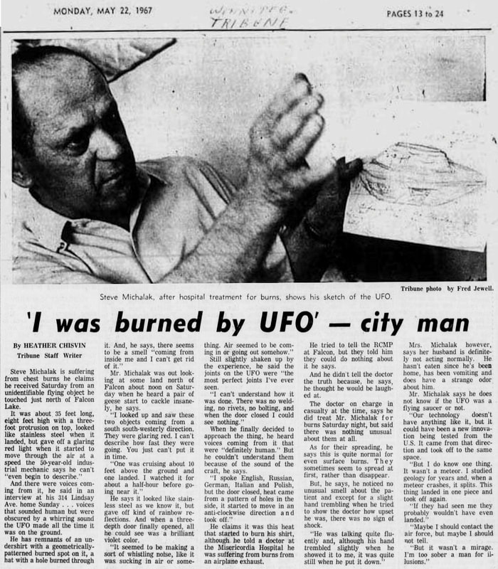 Full Winnipeg Tribune clipping, "I was burned by UFO", 22 May 1967.