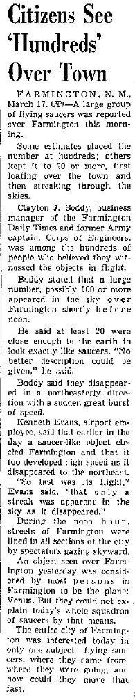 Santa Fe New Mexican, 17 March 1950: "Farmington Invaded By Saucer Squadron".