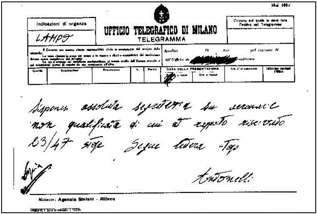 Stefani telegram concerning the 1936 Mestre case