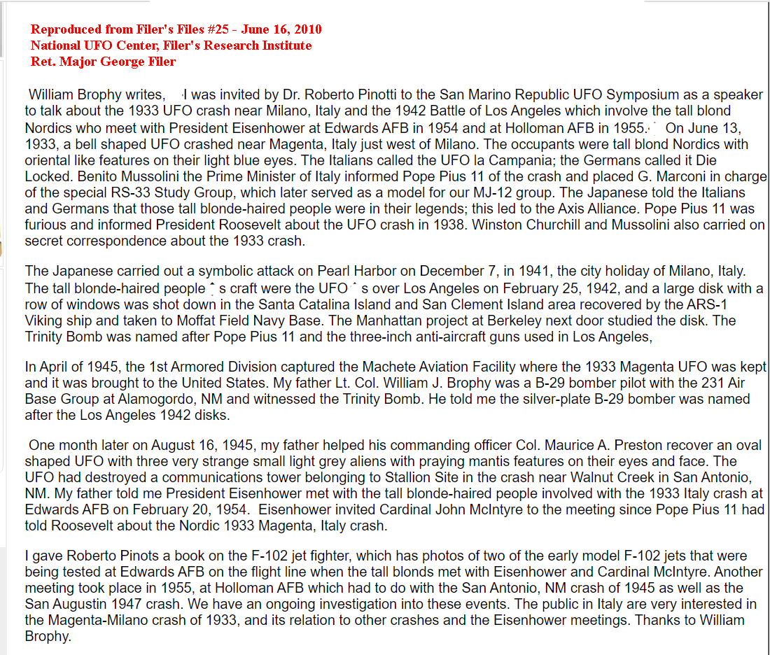 Clipping from Filer's Files, June 16, 2010, with Billy Brophy's account of his talk in Italy