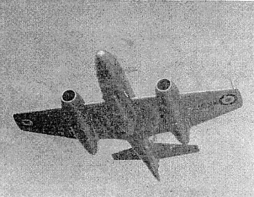 A Meteor fighter's 37-ft. span wings just fill the windscreen at 150 yards.