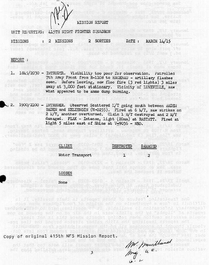 415th Night Fighter Squadron mission report, 14/15 March 1945, noting '3 red lights'.