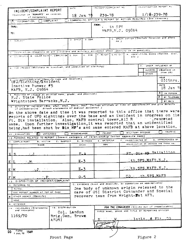 AF Form 1569 Incident/Complaint Report copy mailed by Morse, page 1 (authenticity disputed)