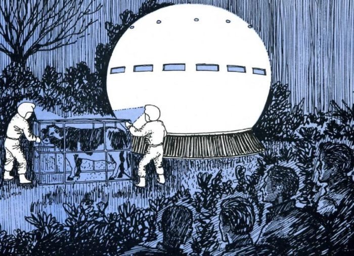 Artist's impression of the occupants with a cow in a field