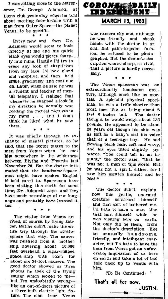 Corona Daily Independent, March 13, 1953: Justin Hammond's series continues