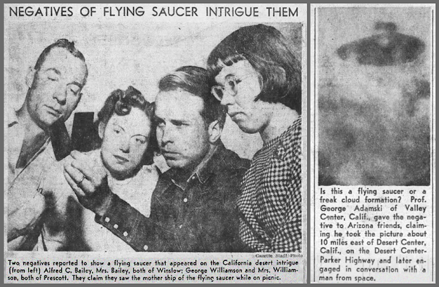 Phoenix Gazette, November 24, 1952: "Flying Saucer 'Passenger' Declares A-Bomb Blasts Reason For Visits" by Len Welch, with footprint sketches