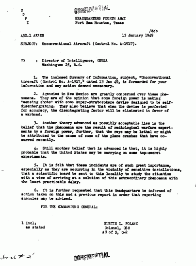 Scan of the Fourth Army memo by Col. Eustis Poland, 13 January 1949