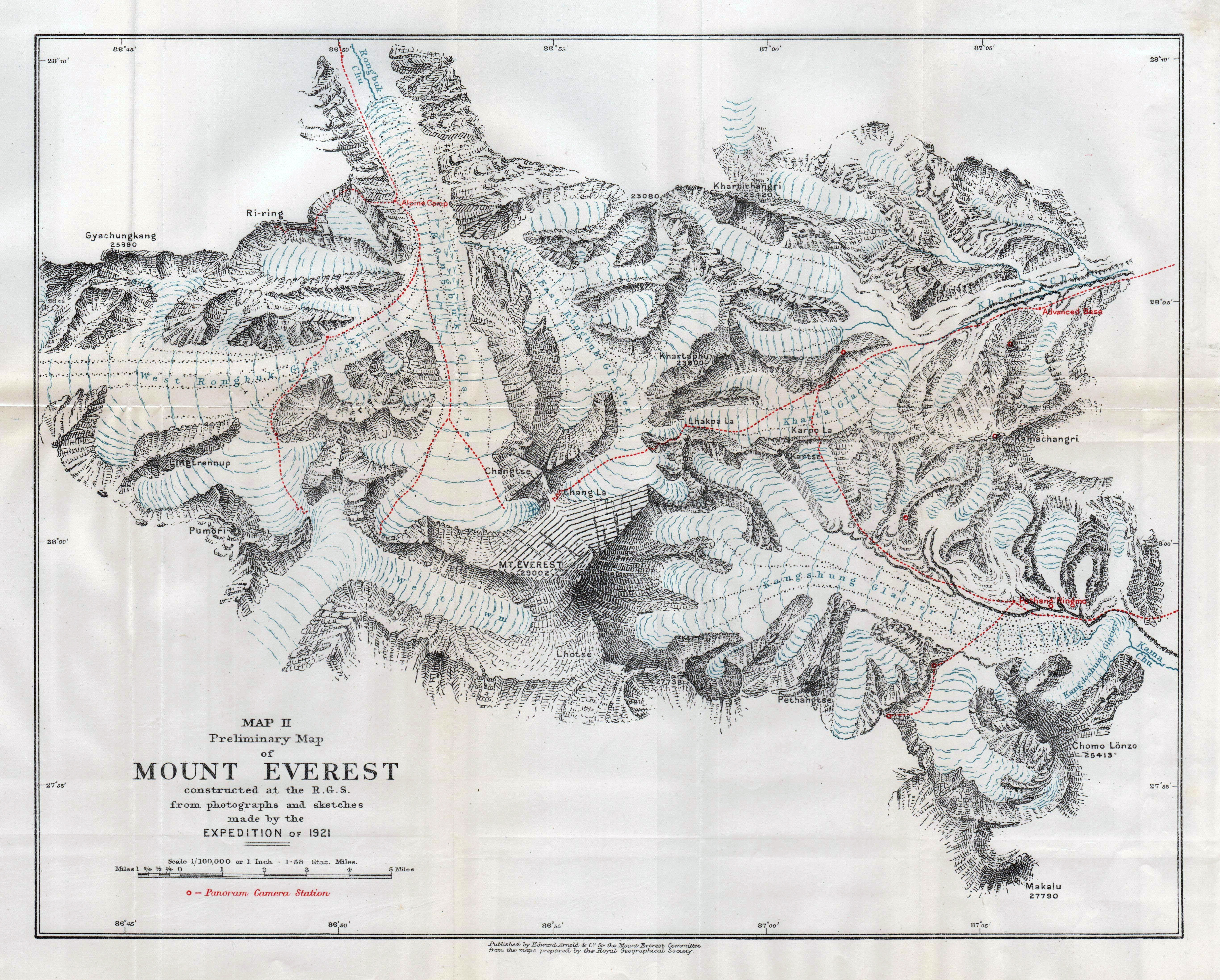 Preliminary map of the 1921 Mount Everest Expedition, Map II, showing the Lhakpa La area