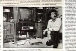 Period newspaper clipping showing Dennis Sant at a TV set