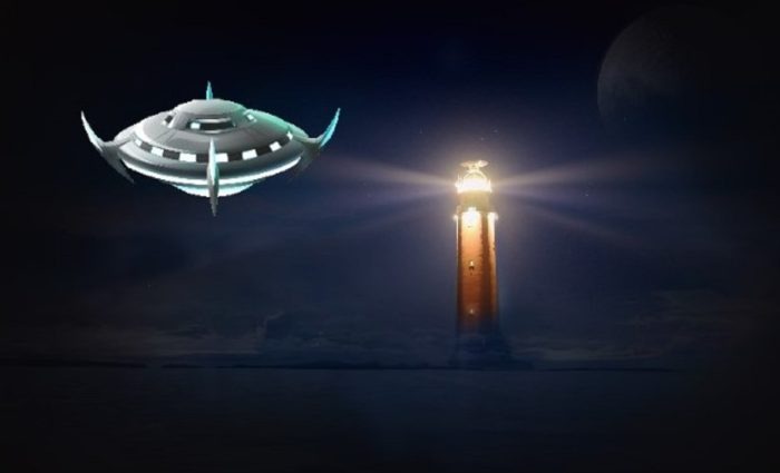 Artist's illustration of a UFO near a lighthouse, not of the event
