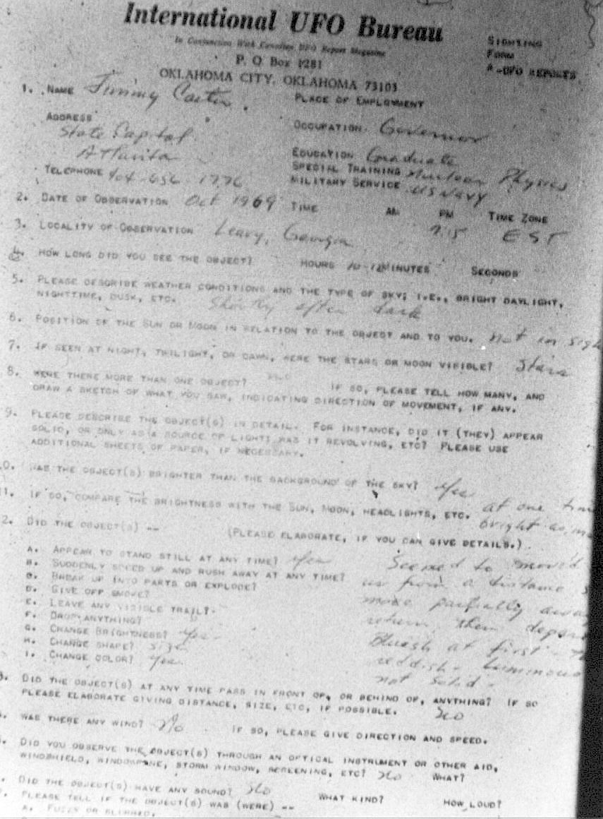 Copy of Carter's handwritten UFO sighting report, obtained from Hayden Hewes