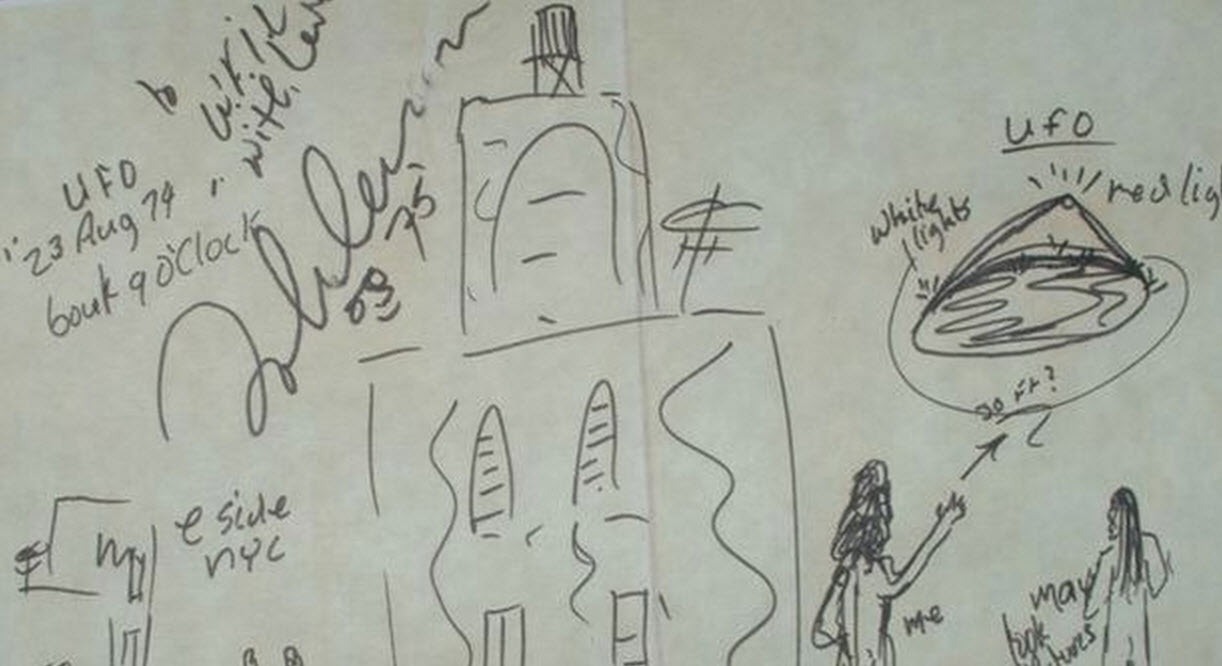 Disputed UFO sketch owned by Russ Kellett; May Pang says it is not Lennon's work