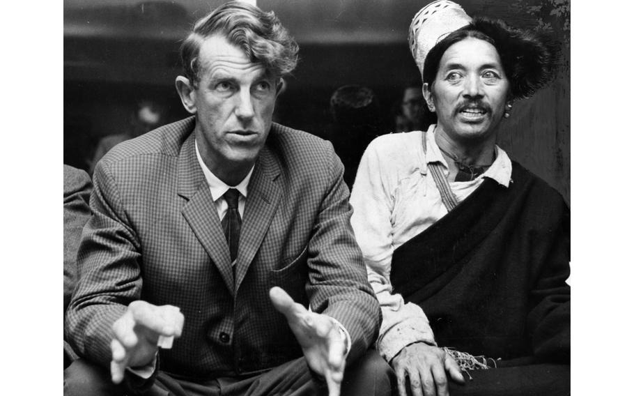 Sir Edmund Hillary at a press conference with Khunjo Chumbi, Tokyo International Airport, 10 December 1960
