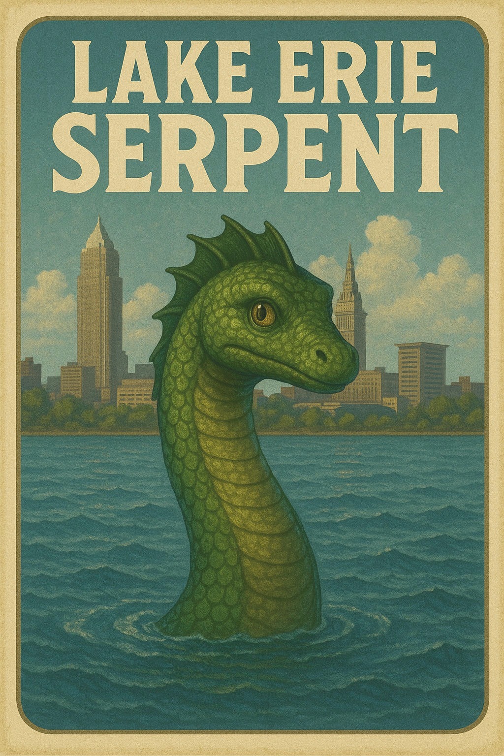 Promotional illustration of a lake serpent for Kevin Kelly's 2025 documentary Legend of the Lake Erie Monster; not a photograph of the 1990 sightings.