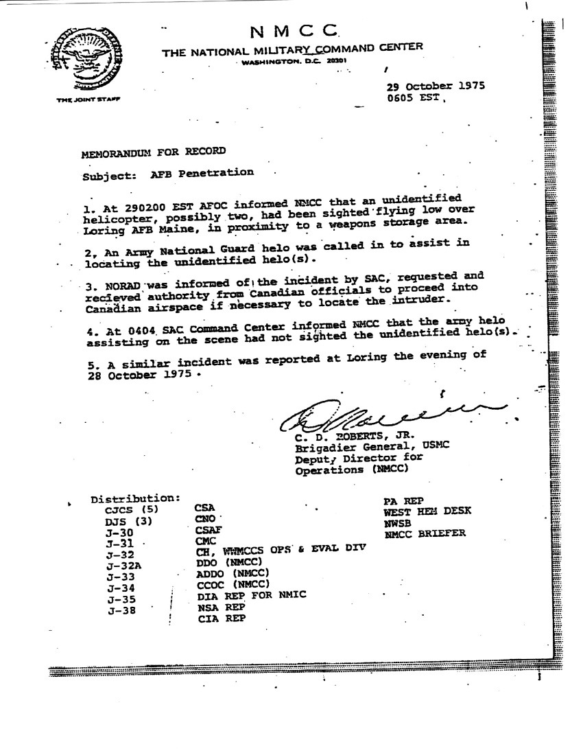NMCC Memorandum for the Record, 29 Oct 1975 0605 EST, on the penetration of the Loring weapons storage area.