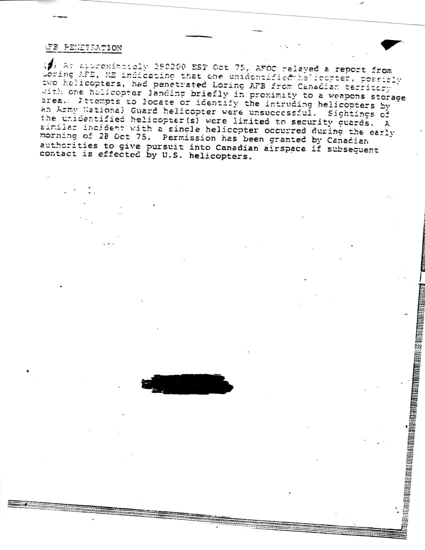 NMCC report on unidentified helicopter(s), 28 to 29 Oct 1975.