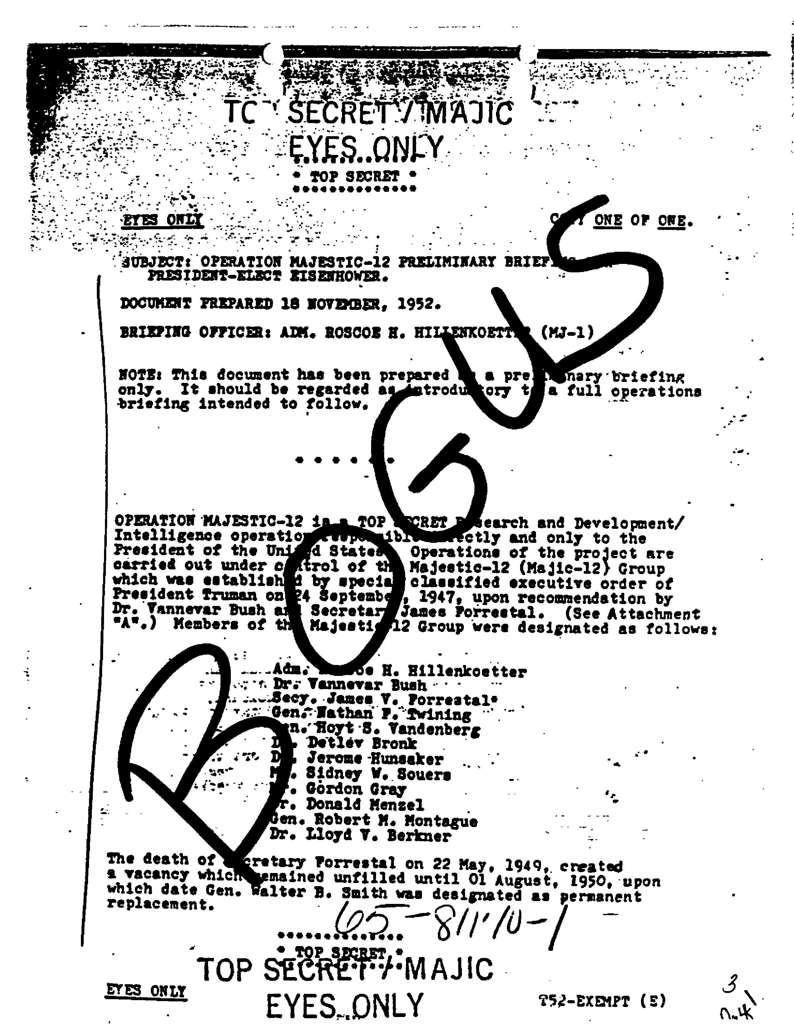 First page of the Operation Majestic-12 briefing memo as received by the FBI in 1988, with FBI file markings.