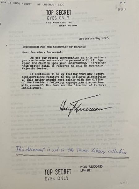 The Truman-Forrestal memo authorizing Operation Majestic Twelve.